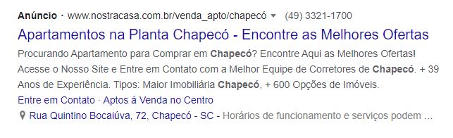 Exemplo de um anúncio na rede de pesquisa do Google Ads para Imobiliárias.