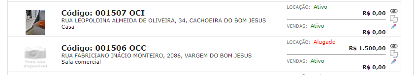 Exemplo de 02 imóveis cadastrados com siglas diferentes.